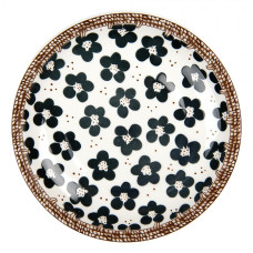 Černo-bílý snídaňový talíř s kytičkami a hnědým okrajem Adam – 21x3 cm