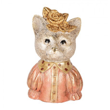 Dekorace bílá kočka v růžových šatech a zlatou kytkou na hlavě – 12x9x18 cm