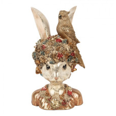 Dekorace soška králička s kytičkami a zlatým papouškem – 22x22x34 cm