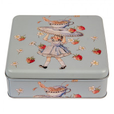 Modrá kovová krabička s panenkou a čajovým šálkem – 17x17x6 cm