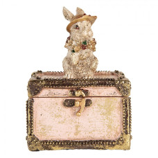 Dekorace ve vintage stylu růžová truhlička se zajíčkem s patinou – 12x8x16 cm