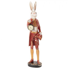 Velká vintage dekorace bílý zajíc v červeném saku s funkčními kapesními hodinkami – 72 cm