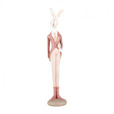 Velikonoční figurka elegantní bílý zajíc v červeném sáčku s růží v pacce – 22 cm