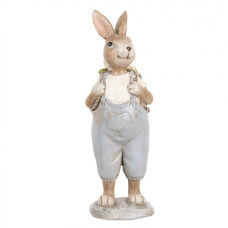 Velikonoční figurka veselý zajíc v modrých lacláčích s nůší květin na zádech – 17 cm