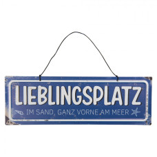Modrá závěsná kovová cedule Lieblingsplatz 30x10 cm