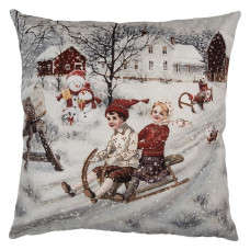 Vánoční povlak na polštář s dětmi na sáňkách – 45x45 cm