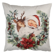 Vánoční povlak na polštář akvarelový motiv Santa Clause se sobem – 45x45 cm