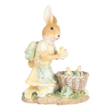 Velikonoční dekorační figurka zaječice ve žlutých šatičkách se stará o malá kuřátka – 10x6x13 cm