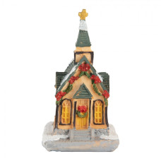 Zasněžený dekorační domeček / kostel s LED světýlky Hoefkens – 5x5x5 cm