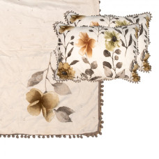 Béžový přehoz s květy a bambulkami dvoulůžko s 2 povlaky na polštář Claudia – 220x240 cm