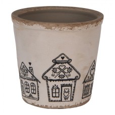 Béžový keramický obal na květináč s motivem perníkových domečků Gingerbread Bliss L – 17x16 cm