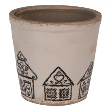 Béžový keramický obal na květináč s motivem perníkových domečků Gingerbread Bliss M – 15x14 cm
