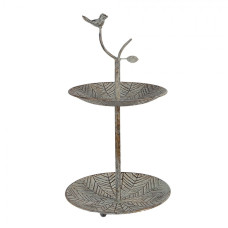 Kovový dvoupatrový stojan / etažér s ozdobou ve tvaru ptáčka Pimpelmees – 26x48 cm