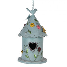 Modrá závěsná ptačí budka s barevnými kytičkami Merel – 16x19x29 cm