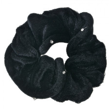 Černá sametová gumička do vlasů / scrunchie s perličkami – 10 cm