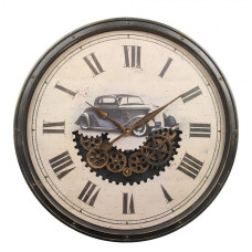 Černo-béžové nástěnné hodiny s vintage autem a ozubenými kolečky – 76x8 cm