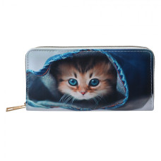 Modrá velká peněženka s koťátkem v džínovině – 19x10 cm