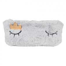 Plyšová šedá taštička do kabelky / na make-up s očima a korunou – 21x10 cm