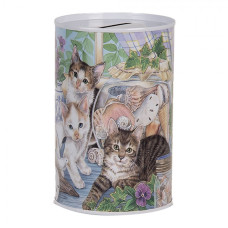Modro-bílá plechová kasička s kočičkami na okenním parapetu – 8x13 cm