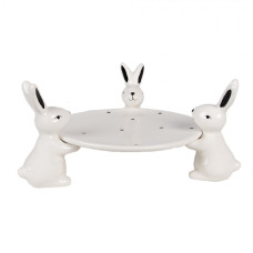 Černo-bílý keramický podnos s podstavcem ve tvaru tří králíčků Rabbit Party – 24x23x12 cm