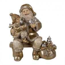 Figurka zlatého Santa Clause s dárky a dítětem na klíne – 17 cm