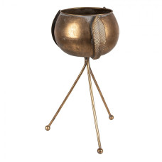 Měděný stojan na květináč na trojnožce s dekorem lístků – 35 cm
