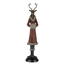 Figurka jelena na zimním výletě v červeném kabátku s kožešinou – 8x8x35 cm