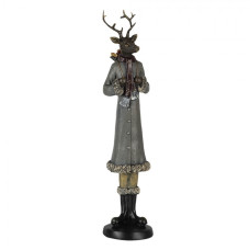 Figurka jelena na zimním výletě v šedém kabátku s kožešinou – 9x8x36 cm
