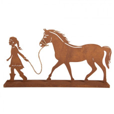 Hnědá kovová dekorace děvčátko s koněm Zwemblik – 12x5x14 cm