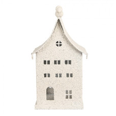 Bílá kovová dekorace domeček na svíčku s korouhvičkou na střeše Zwemblik – 12x12x27 cm