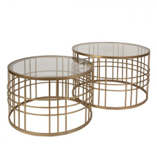 Sada 2 kulatých zlatých stolků se skleněnou deskou v art deco stylu – 75x46 / 66x41 cm