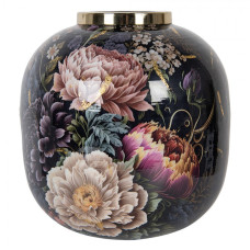 Černo-růžová kovová váza s vintage rostlinným motivem Leendert – 29x29 cm