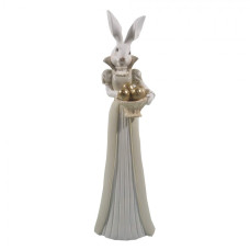 Velikonoční figurka králíčka v bílém s košíkem zlatých vajíček – 11x10x37 cm