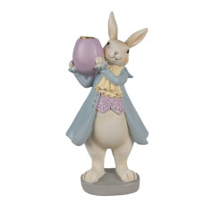 Velikonoční figurka králíčka v modrém kabátku nesoucí fialové vajíčko – 10x8x20 cm