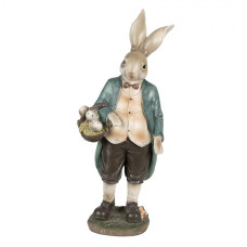 Velikonoční figurka králíčka v modrém kabátku s košíkem puntíkatých vajíček – 38 cm