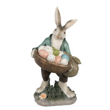 Velikonoční figurka králíčka v zeleném kabátku s velkým plným košíkem barevných vajíček – 32 cm