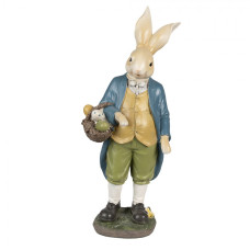 Velikonoční figurka králíčka v zelených kraťasech s košíkem barevných vajíček – 38 cm