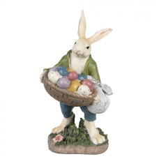 Velikonoční figurka králíčka v světle zeleném kabátku s velkým plným košíkem barevných vajíček – 32 cm