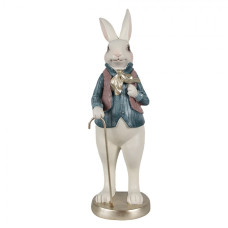 Figurka bílého králíčka v růžové vestičce, modré košilce a se zlatou hůlkou – 32 cm