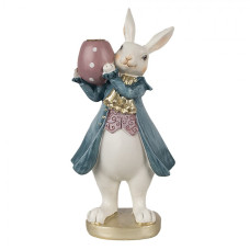 Velikonoční figurka králíčka v modrém kabátku nesoucí červené vajíčko – 20 cm