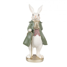 Figurka bílého králíčka v zeleném kabátku a se zlatou hůlkou – 26 cm