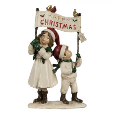 Dekorativní figurka děti v bílém kožíšku s vlajkou Mery christmas – 14x7x23 cm