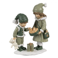 Dekorativní figurka děti v zeleném kabátku s tácem sušenek – 10x5x13 cm