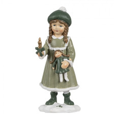Dekorativní figurka holčička v zeleném kabátku s panenkou a svíčkou – 11 cm