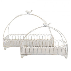 Set 2 dekorativních bílých kovových košíků s ptáčkem – 39x20x30 / 30x15x22 cm
