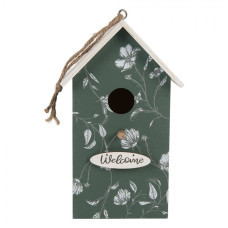 Zelená dřevěná budka pro ptáčky s listy a cedulí Welcome – 15x10x22 cm
