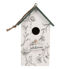 Bílá dřevěná budka pro ptáčky s listy a cedulí Welcome – 15x10x22 cm