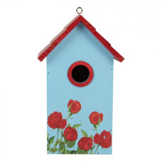 Modro-červená dřevěná budka pro ptáčky s růžemi – 15x10x22 cm