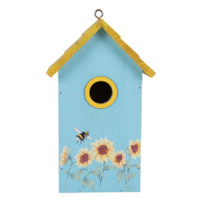 Modro-žlutá dřevěná budka pro ptáčky se slunečnicí a včelami – 15x10x22 cm