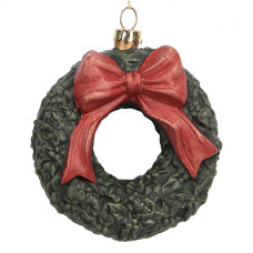 Závěsná vánoční ozdoba věnec z chvojí s červenou mašlí – 9x4x10 cm